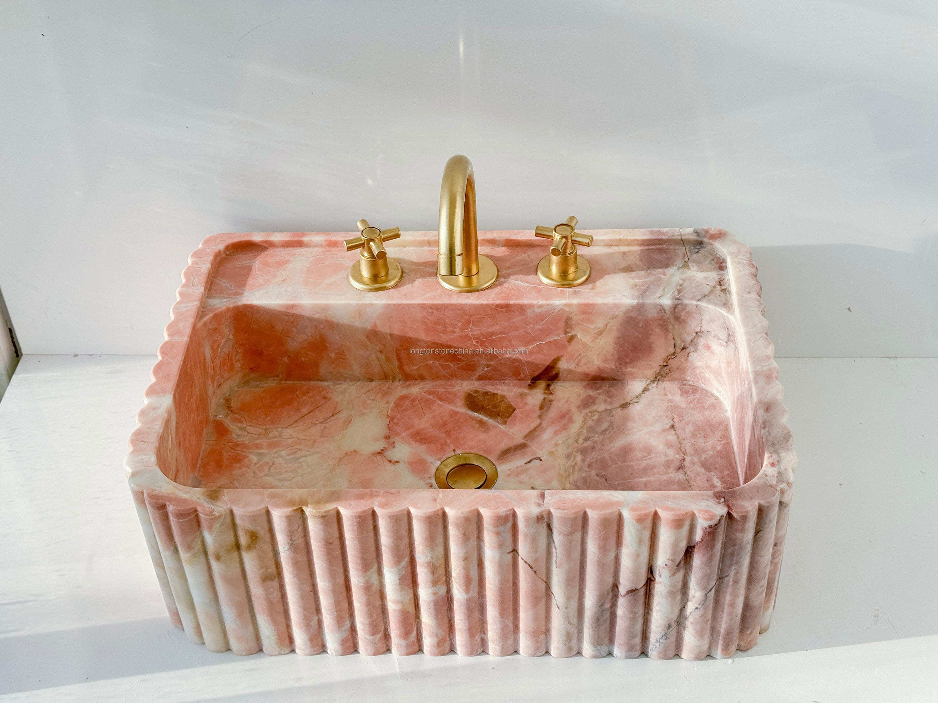 Rectangular Natural Pink Marble Sink Wall Mounted Marble Bathroom Sink Stone Hand Wash Basin Stylish Fluted Marble Sink