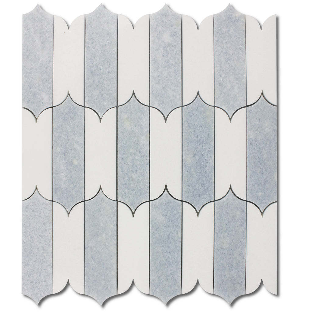 White Thassos with Blue Celeste Marble Waterjet Mosaic Tile Peel and Stick Basket-Weave Ribbon Leaf Bathroom Bracket Mosaic