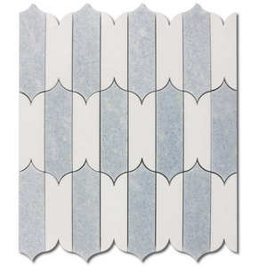 White Thassos with Blue Celeste Marble Waterjet Mosaic Tile Peel and Stick Basket-Weave Ribbon Leaf Bathroom Bracket Mosaic