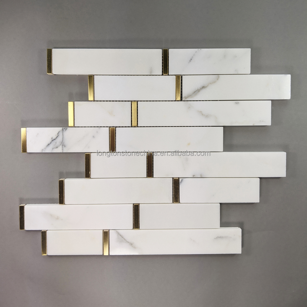 Natural Bianco Carrara White and Gold Metal Waterjet Backsplash Brick Shaped Strip Mosaic Wall Skinny Tile