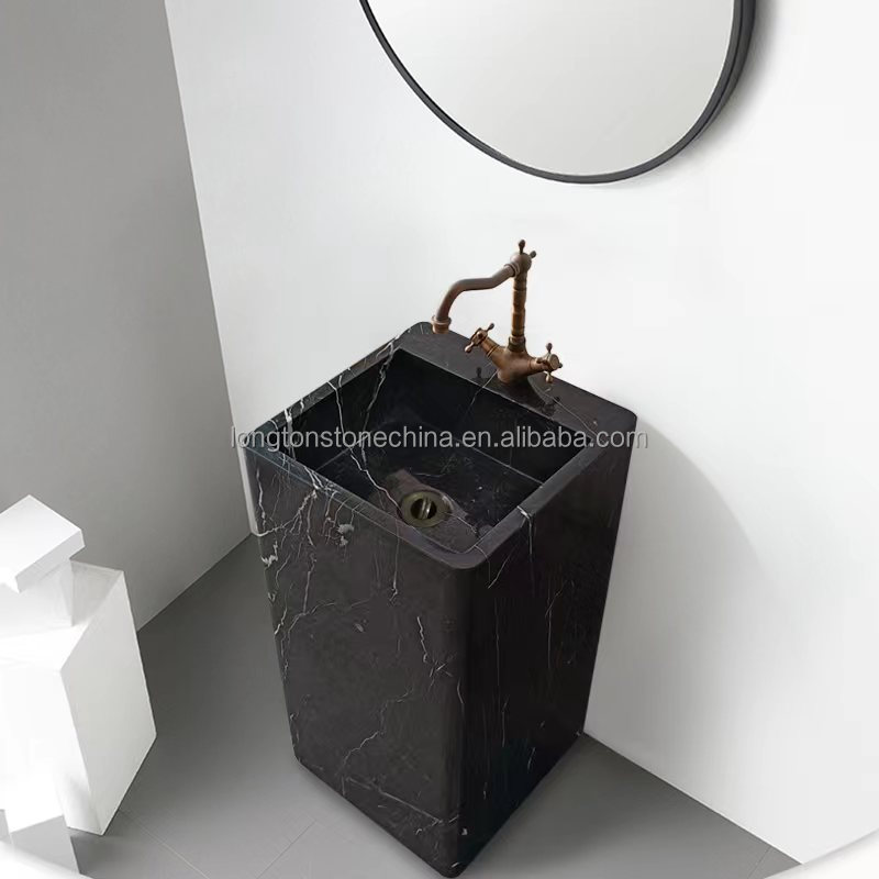 Popular Black Marble Pedestal Sink Natural Stone Wash Basin Freestanding Pedestal Basin Black Bathroom Sink Marble Pedestal Sink