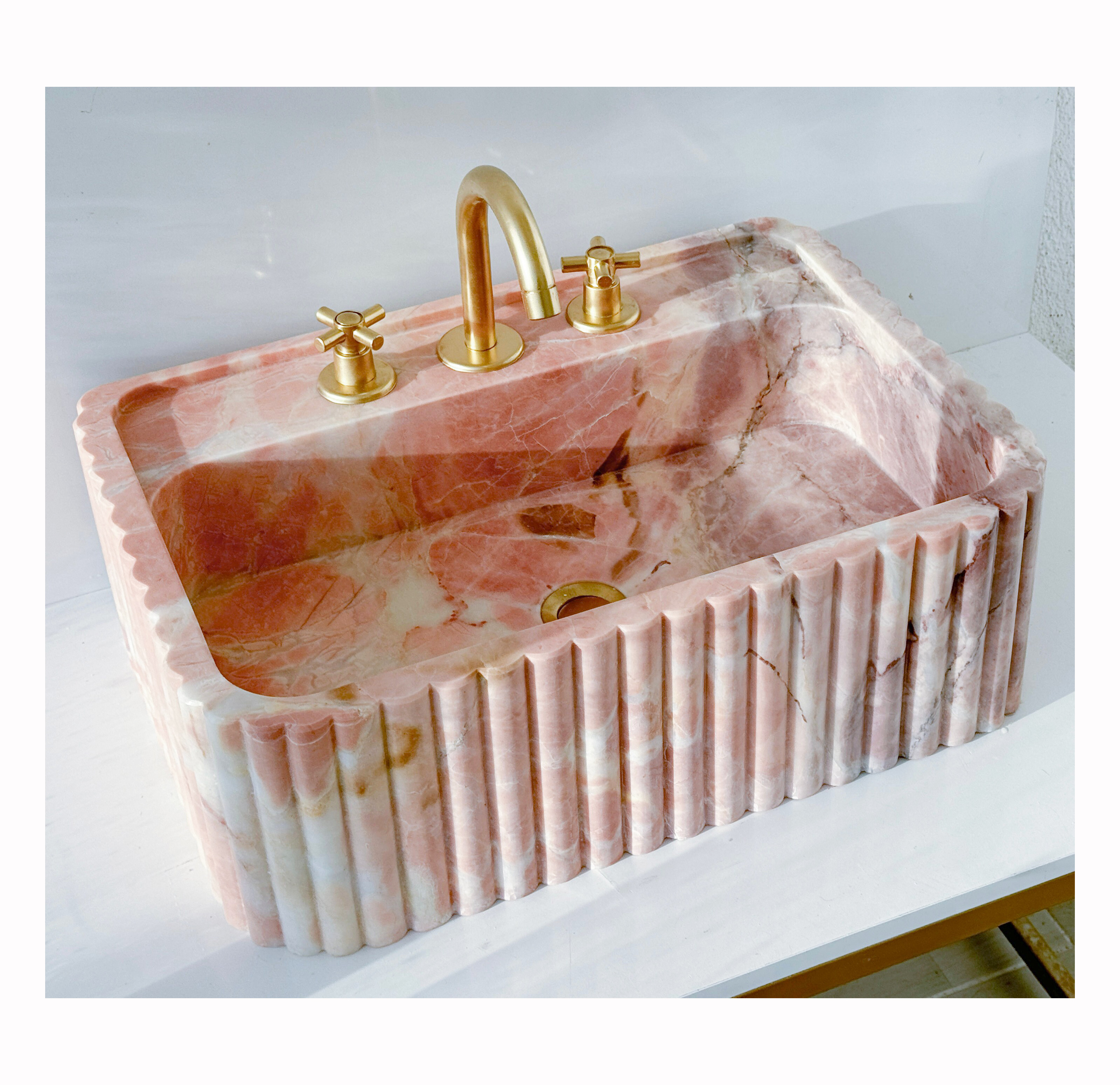 Rectangular Natural Pink Marble Sink Wall Mounted Marble Bathroom Sink Stone Hand Wash Basin Stylish Fluted Marble Sink