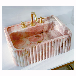 Rectangular Natural Pink Marble Sink Wall Mounted Marble Bathroom Sink Stone Hand Wash Basin Stylish Fluted Marble Sink