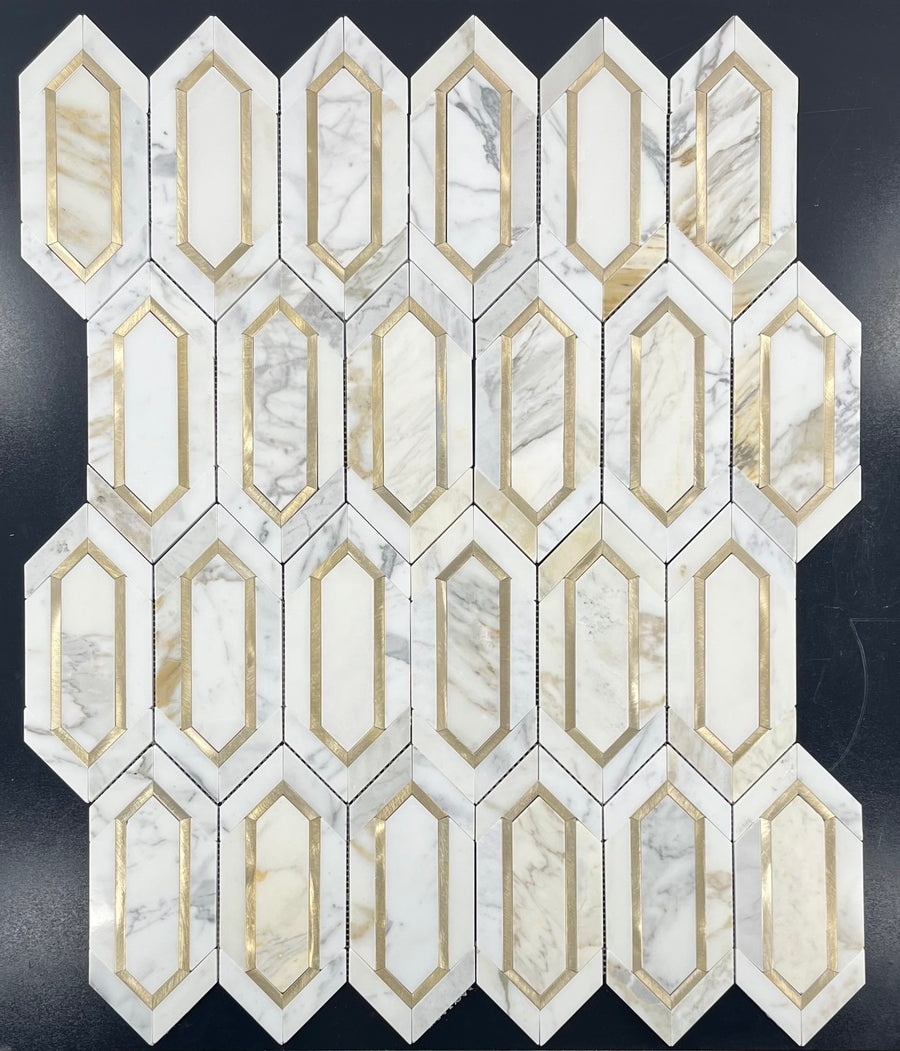 Calacatta White Marble with Gold Metal Long Hexagonal Shaped Diamond Rhombus Waterjet Marble Mosaic Kitchen Bathroom Tile