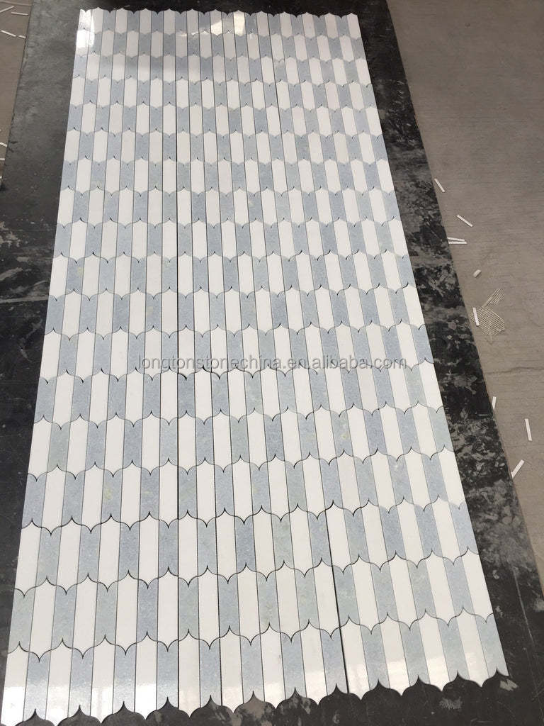 White Thassos with Blue Celeste Marble Waterjet Mosaic Tile Peel and Stick Basket-Weave Ribbon Leaf Bathroom Bracket Mosaic