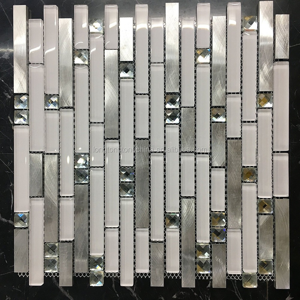 Super White Glass Aluminium Metal Strip Tiles Blends Diamond Mirror Glass Mosaic Tile