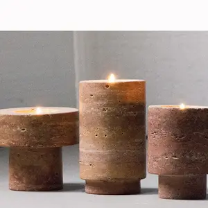 Customized Natural Travertine Candles Accessories Candle Jar Round Cylinder Stone Jar With Lid Marble Canister Empty Candle Jars