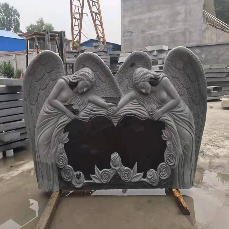 Hot sale Cemetery Black Granite Heart Shaped Headstones Gravestone Double Angel Wings Monuments Headstone For American