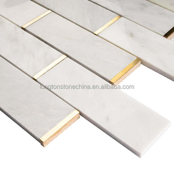 Natural Bianco Carrara White and Gold Metal Waterjet Backsplash Brick Shaped Strip Mosaic Wall Skinny Tile