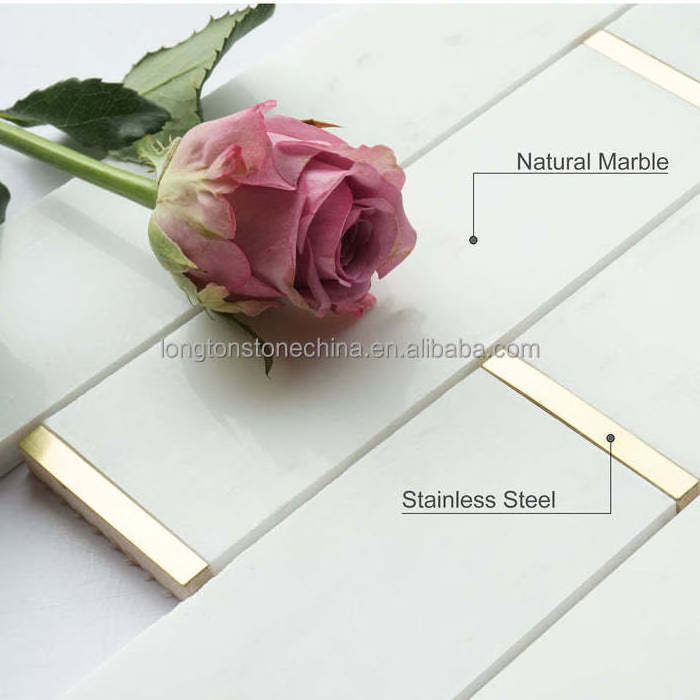 Natural Bianco Carrara White and Gold Metal Waterjet Backsplash Brick Shaped Strip Mosaic Wall Skinny Tile