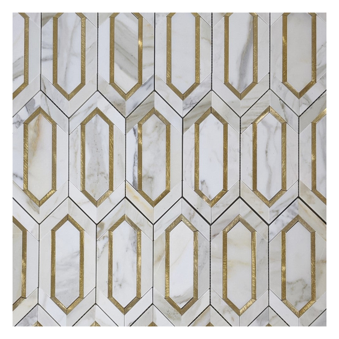 Calacatta White Marble with Gold Metal Long Hexagonal Shaped Diamond Rhombus Waterjet Marble Mosaic Kitchen Bathroom Tile