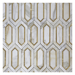 Calacatta White Marble with Gold Metal Long Hexagonal Shaped Diamond Rhombus Waterjet Marble Mosaic Kitchen Bathroom Tile