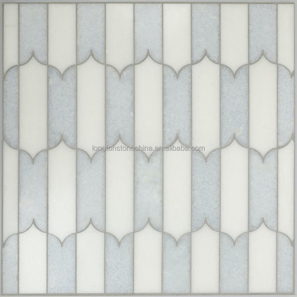 White Thassos with Blue Celeste Marble Waterjet Mosaic Tile Peel and Stick Basket-Weave Ribbon Leaf Bathroom Bracket Mosaic