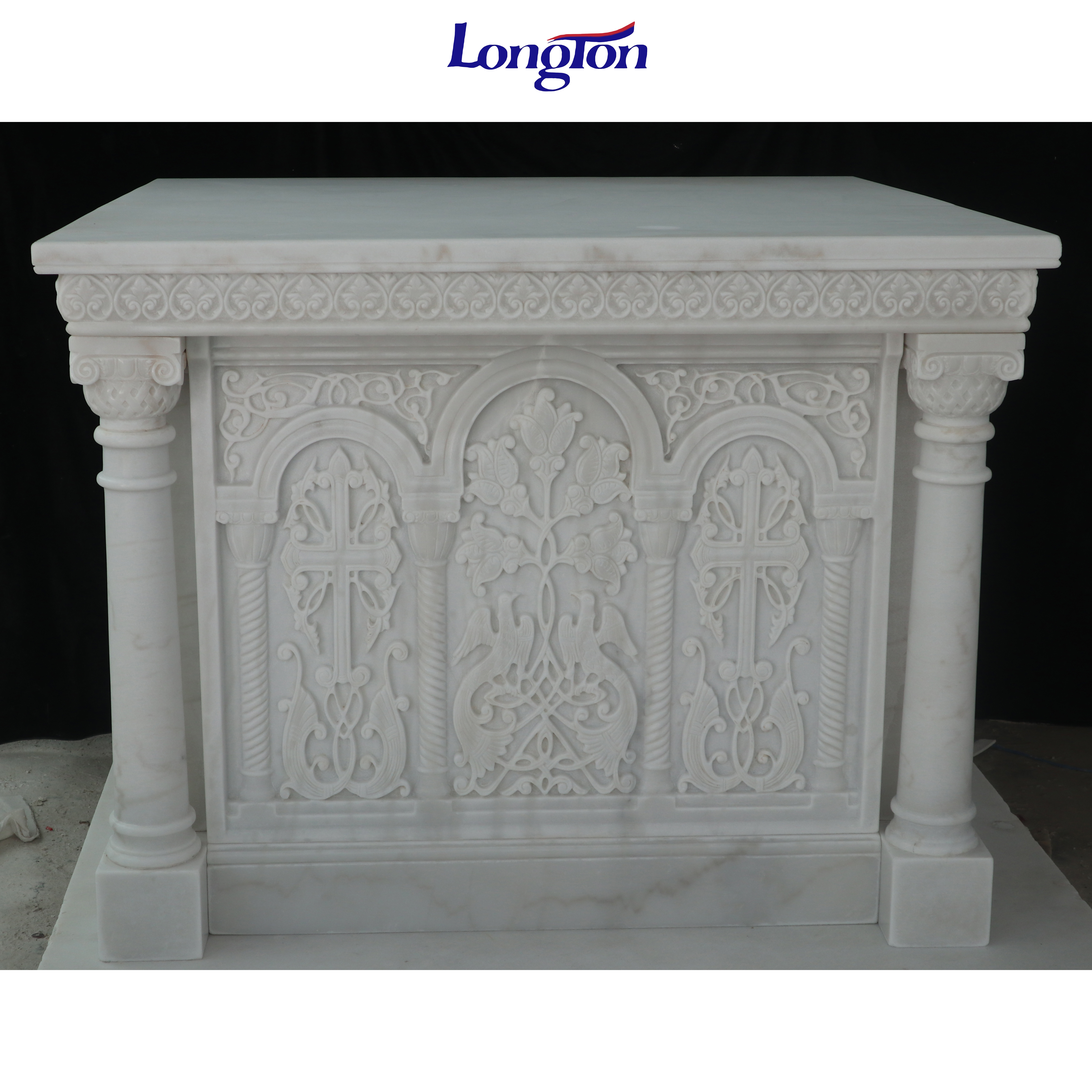 European Relief Patterns Marble Carving Display Pedestals Religious Holy Marble Church Altar Table Marble Bases For Sculptures