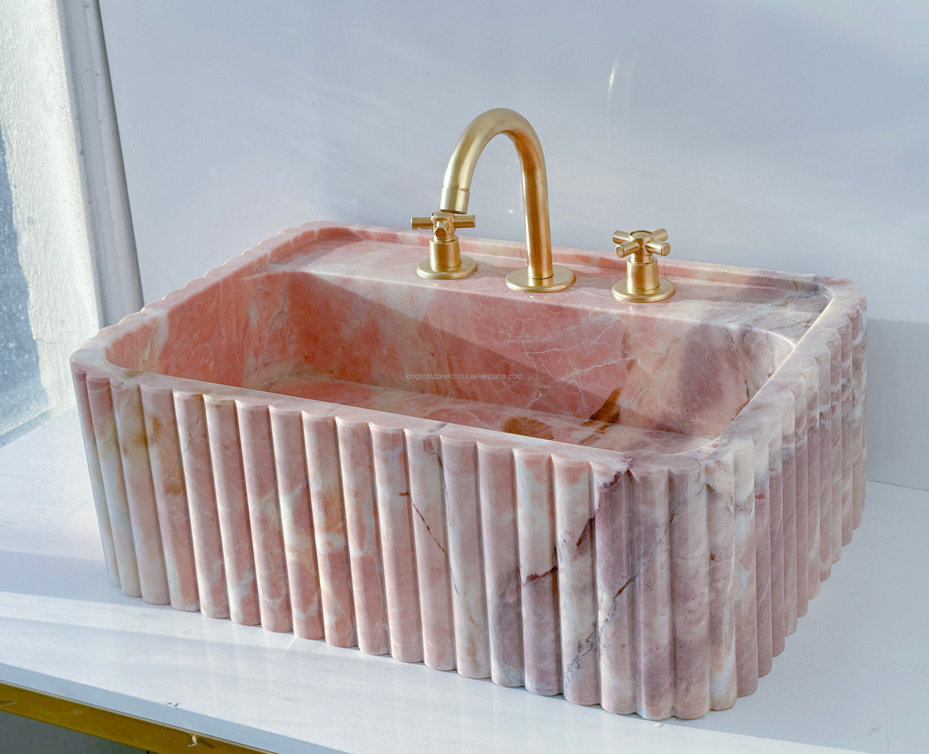 Rectangular Natural Pink Marble Sink Wall Mounted Marble Bathroom Sink Stone Hand Wash Basin Stylish Fluted Marble Sink