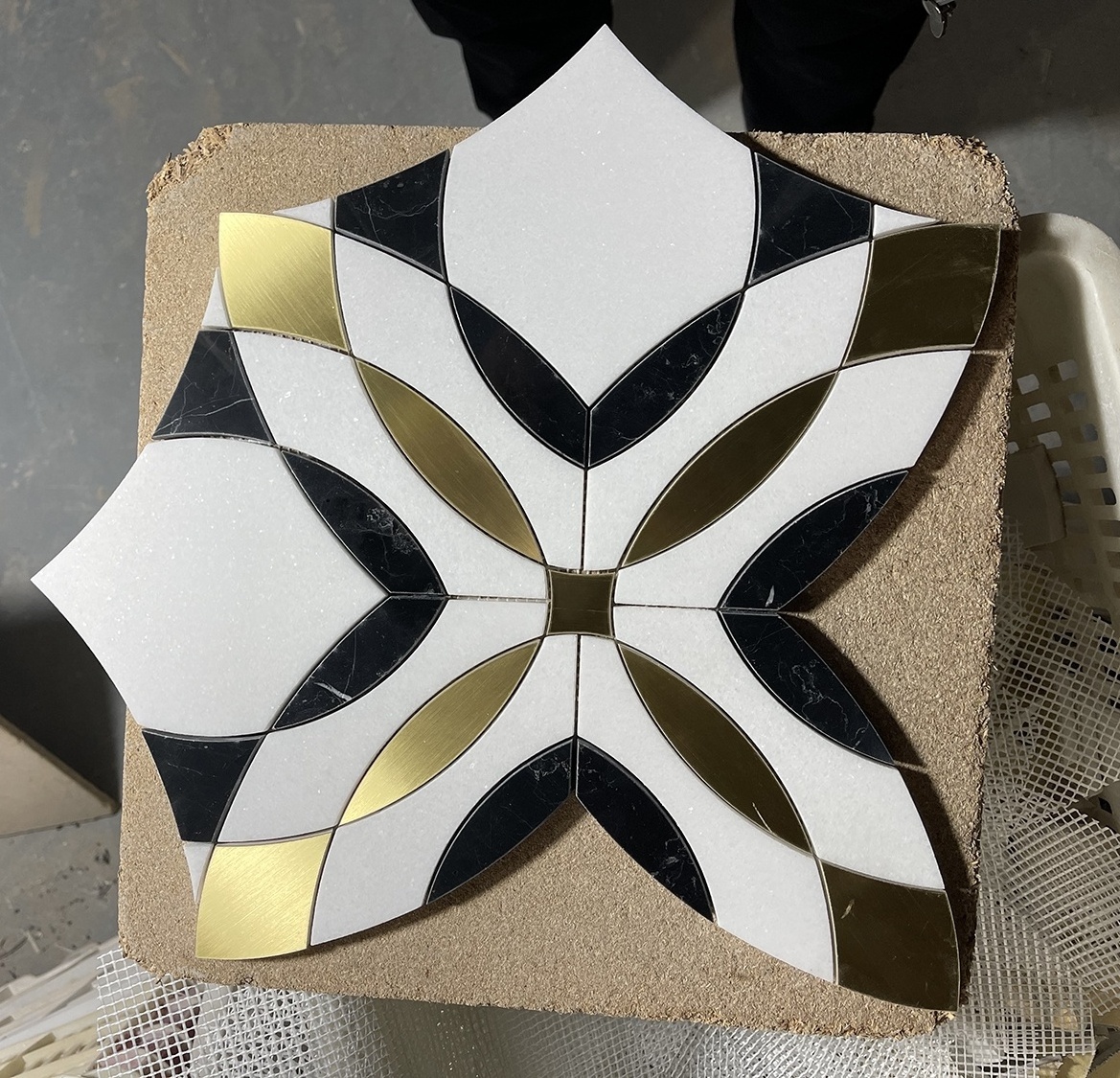 Natural Marble White Thassos & Black Nero with Gold Metal Backsplash Kitchen Bathroom Art Craft Wall Floor Waterjet Mosaic Tile