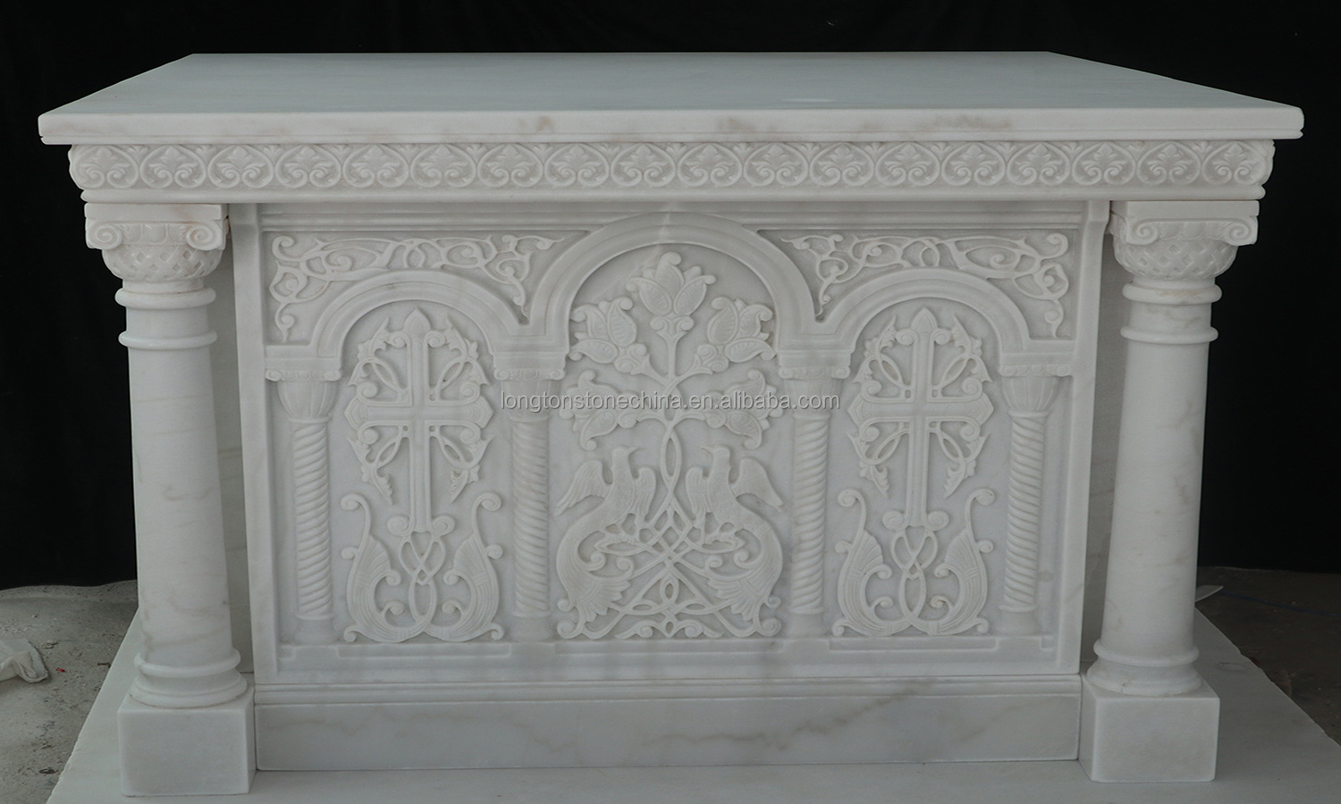 European Relief Patterns Marble Carving Display Pedestals Religious Holy Marble Church Altar Table Marble Bases For Sculptures