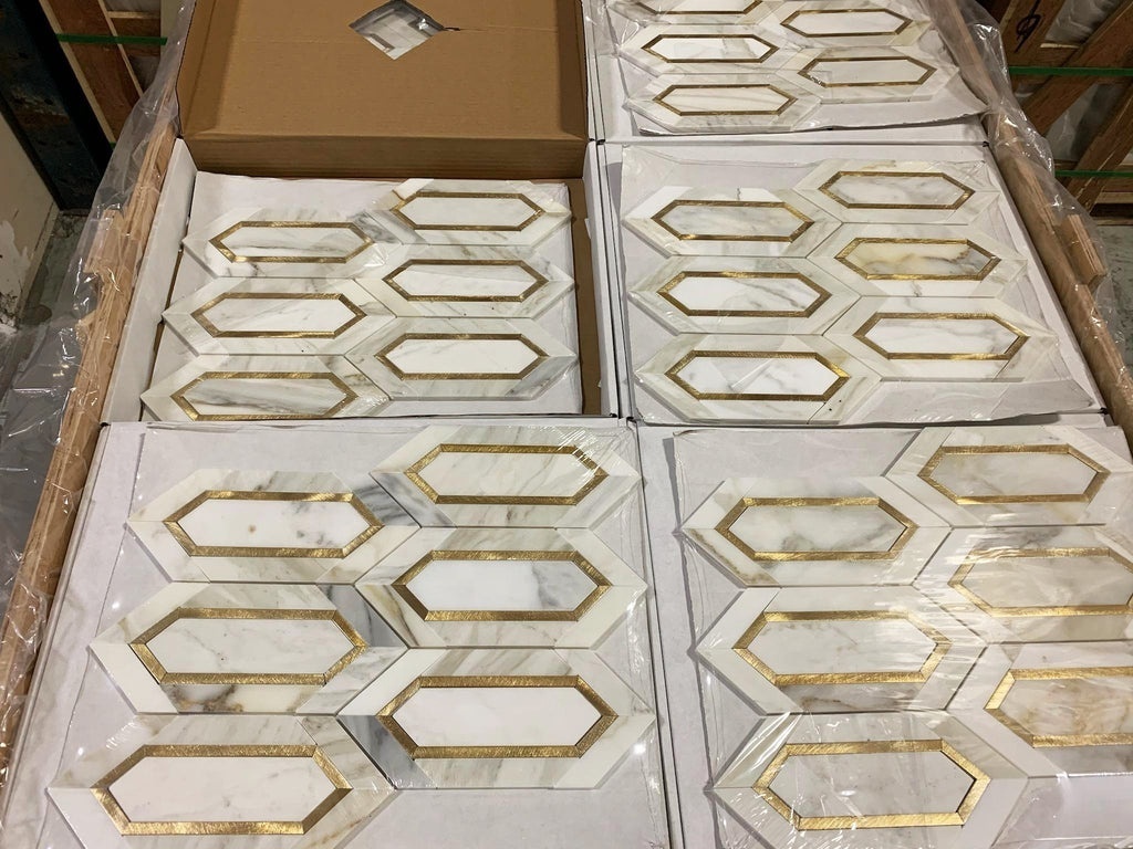 Calacatta White Marble with Gold Metal Long Hexagonal Shaped Diamond Rhombus Waterjet Marble Mosaic Kitchen Bathroom Tile