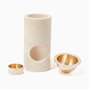 Customized 8*8*16CM Pure Natural Marble Stone Cylinder Beige Travertine Essential Oil Burner With Brass Lid Travertine Burner