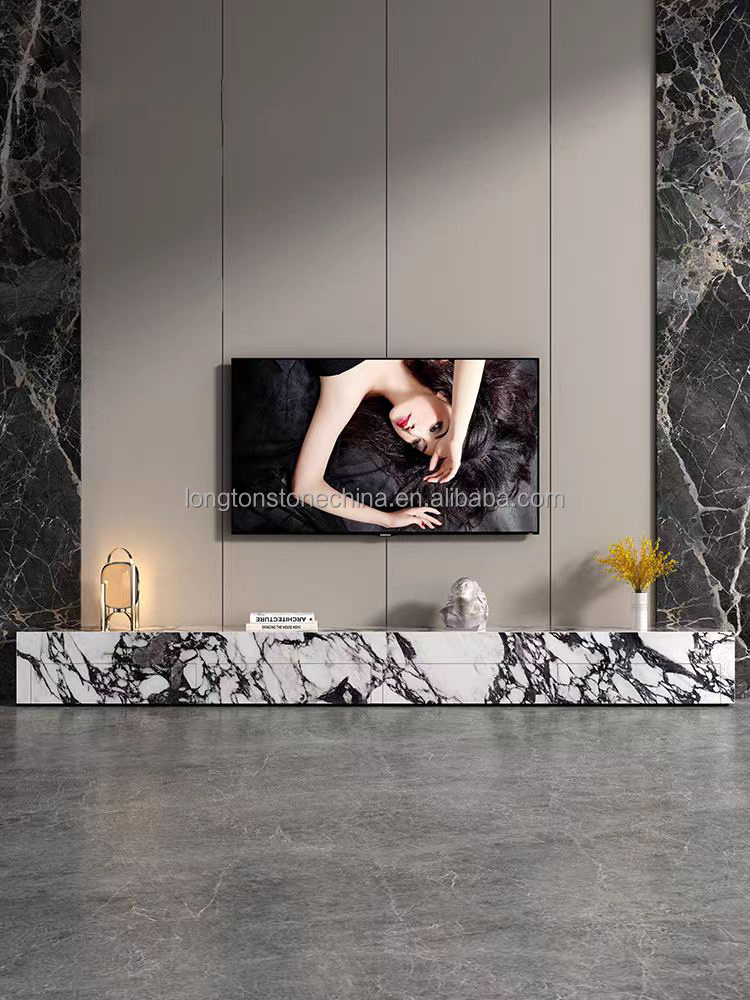 New calacatta Viola Sintered Stone TV Stand Living Room Furniture Modern TV Table Cabinet Design Artificial Stone TV Stand