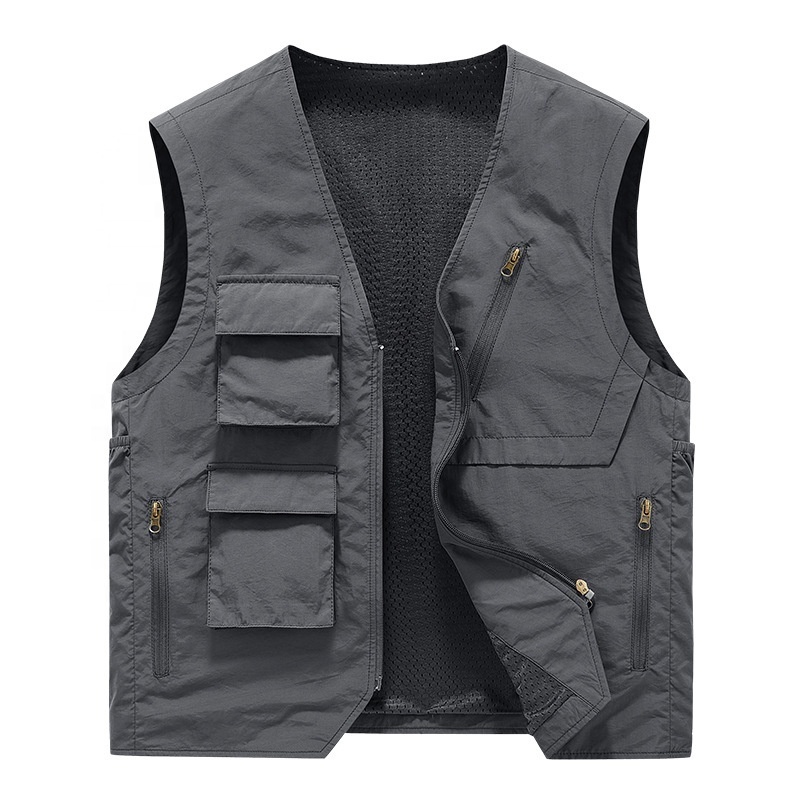 Custom Embroidery Print Logo Twill Multi Function Pockets Utility Fishing Vest Zipper Waistcoat Workwear Vest For Men