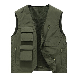 Custom Embroidery Print Logo Twill Multi Function Pockets Utility Fishing Vest Zipper Waistcoat Workwear Vest For Men