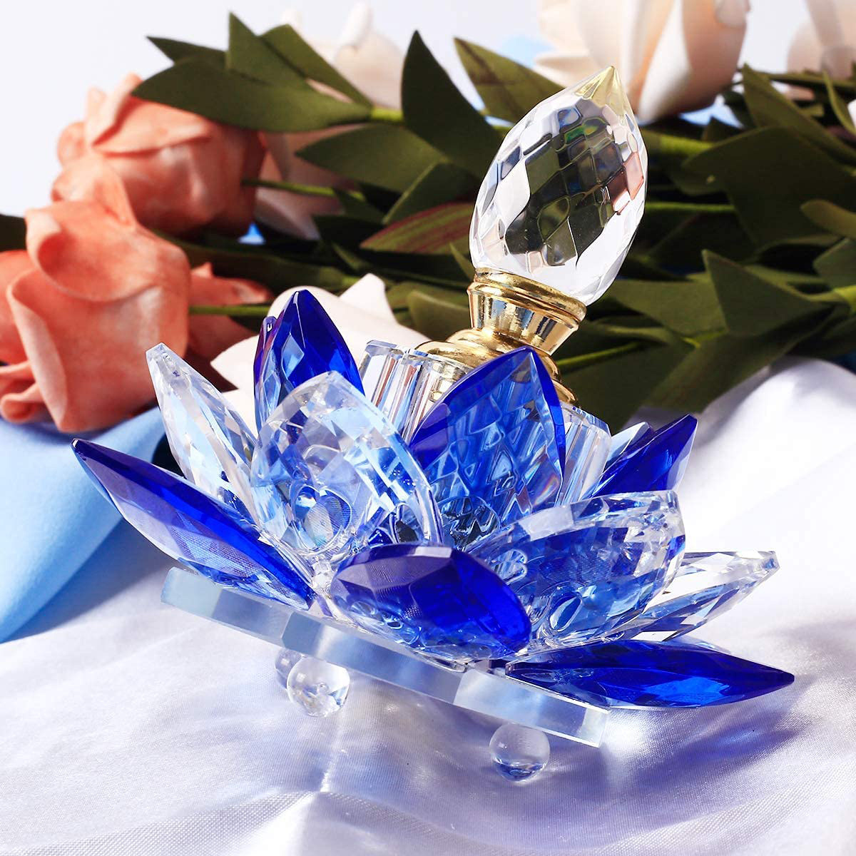 Refillable Decorative Lotus Flower Sapphire Sparkle Perfume Bottle for Gifts