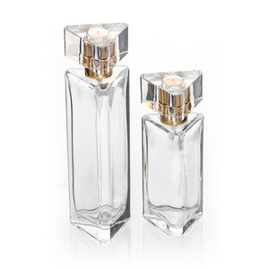 Free sample 50ml Unique Empty Clear Glass Flat Refillable Perfume Bottles With Spray pumps Triangle shape hot sale