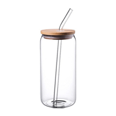 Wholesale Top Sale Clear Glass Coffee Milk Mug Soda Can With Bamboo Wooden Lid and Glass Straw