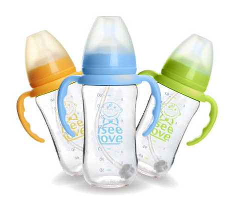 Custom BPA free borosilicate glass feeding baby bottles with Cute Design