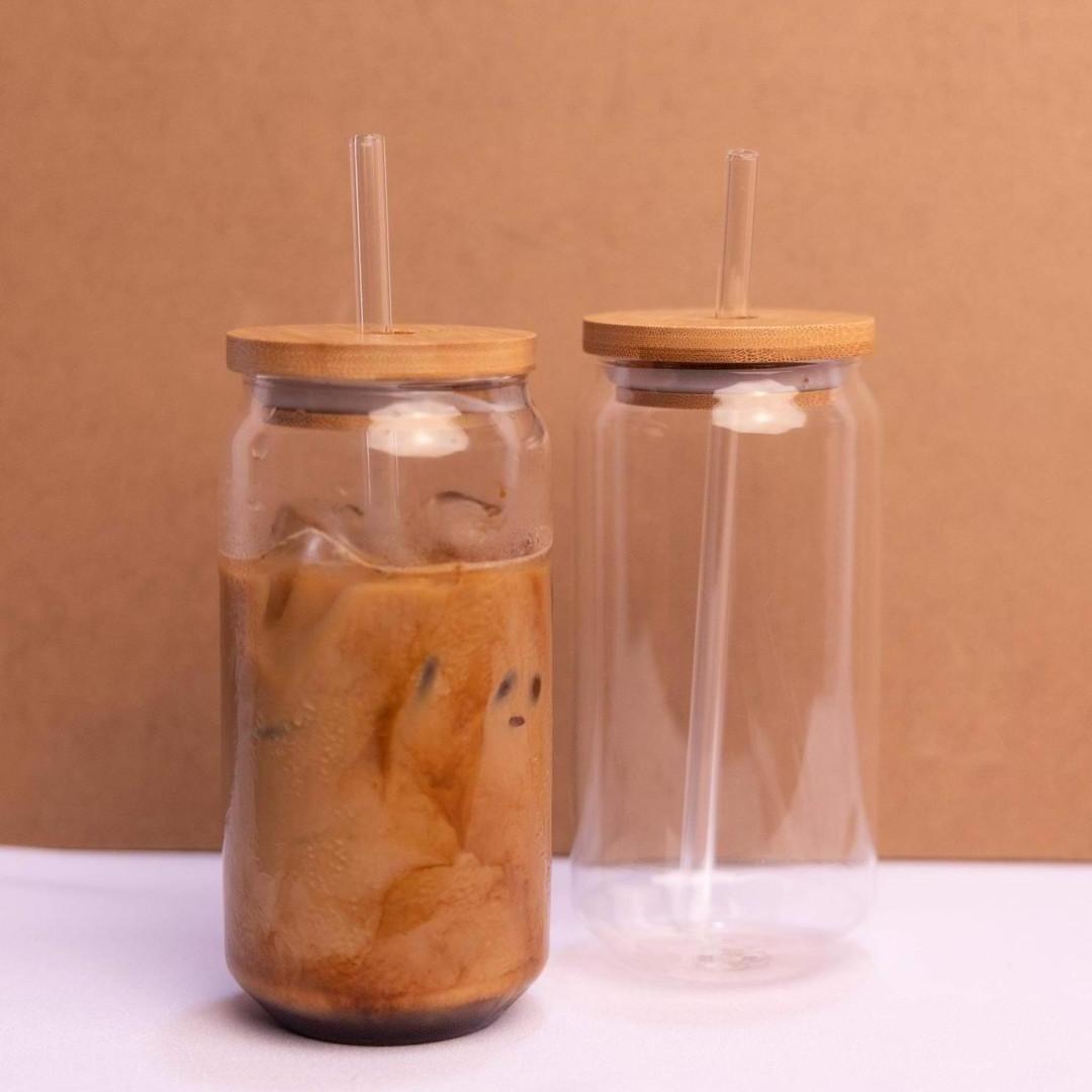 Wholesale Top Sale Clear Glass Coffee Milk Mug Soda Can With Bamboo Wooden Lid and Glass Straw