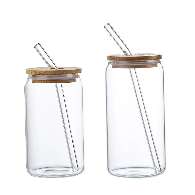 Wholesale Top Sale Clear Glass Coffee Milk Mug Soda Can With Bamboo Wooden Lid and Glass Straw