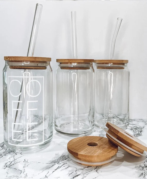 Wholesale Top Sale Clear Glass Coffee Milk Mug Soda Can With Bamboo Wooden Lid and Glass Straw