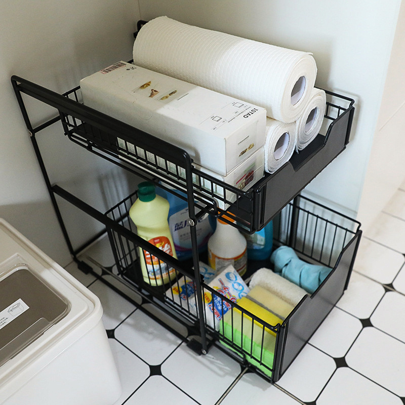 Retractable Steel Shelf 2-tier Under Sink Cabinet Sliding Dish Basket Organizer