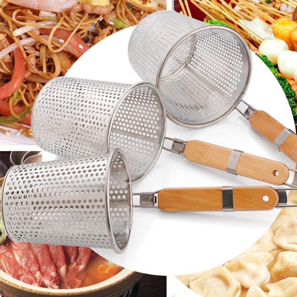 Best selling stainless Steel Strainer Basket With Wooden Handle Fine Mesh Food Skimmer Kitchen Pasta Dumpling Noodle Sieve