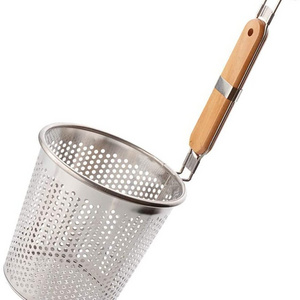 Best selling stainless Steel Strainer Basket With Wooden Handle Fine Mesh Food Skimmer Kitchen Pasta Dumpling Noodle Sieve