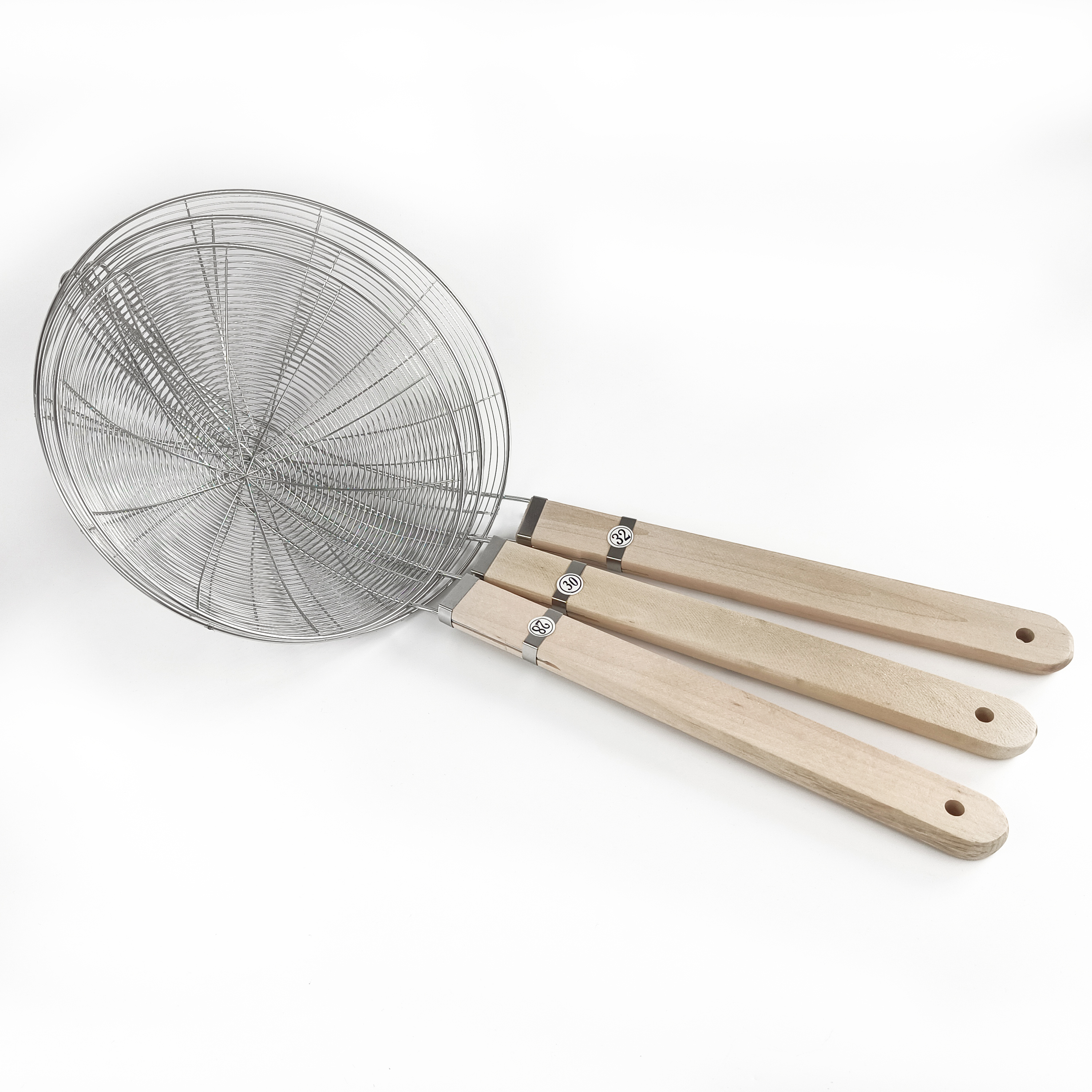 Stainless Steel Strainer Ladle Reinforced Three Layer Wire Mesh Skimmer Spider Strainer With Wood Handle