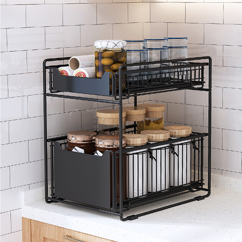 Retractable Steel Shelf 2-tier Under Sink Cabinet Sliding Dish Basket Organizer