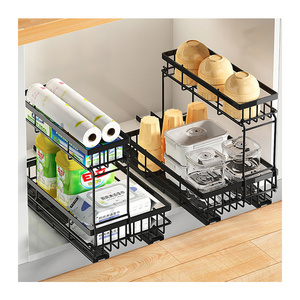 2 Pack Black Metal Under Cabinet Organizers with Sliding Track Drawers Folding Under Sink Organizer for Kitchen