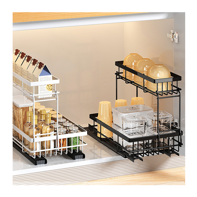 Kitchen Organizer Sink Shelf 2-Tier Stackable Under Sink Cabinet Organizer With Sliding Track Storage Drawer