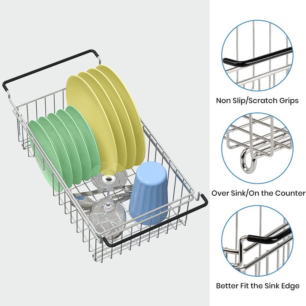 Kitchen Adjustable Rustproof Small Dish Drainer Stainless Steel Over The Sink Expandable Dish Drying Rack