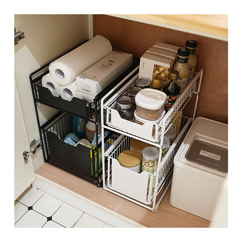 Retractable Steel Shelf 2-tier Under Sink Cabinet Sliding Dish Basket Organizer