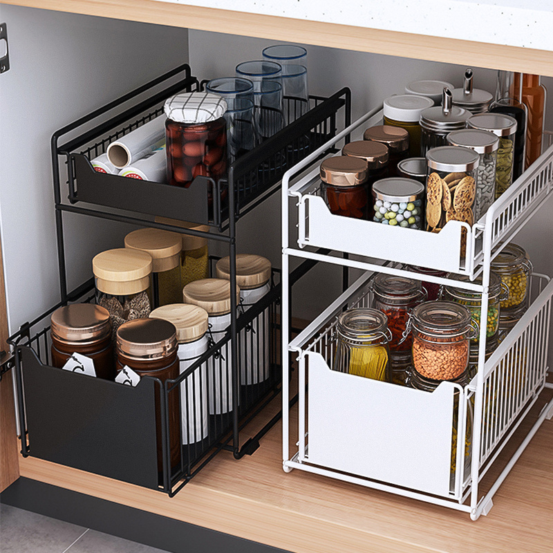 Retractable Steel Shelf 2-tier Under Sink Cabinet Sliding Dish Basket Organizer