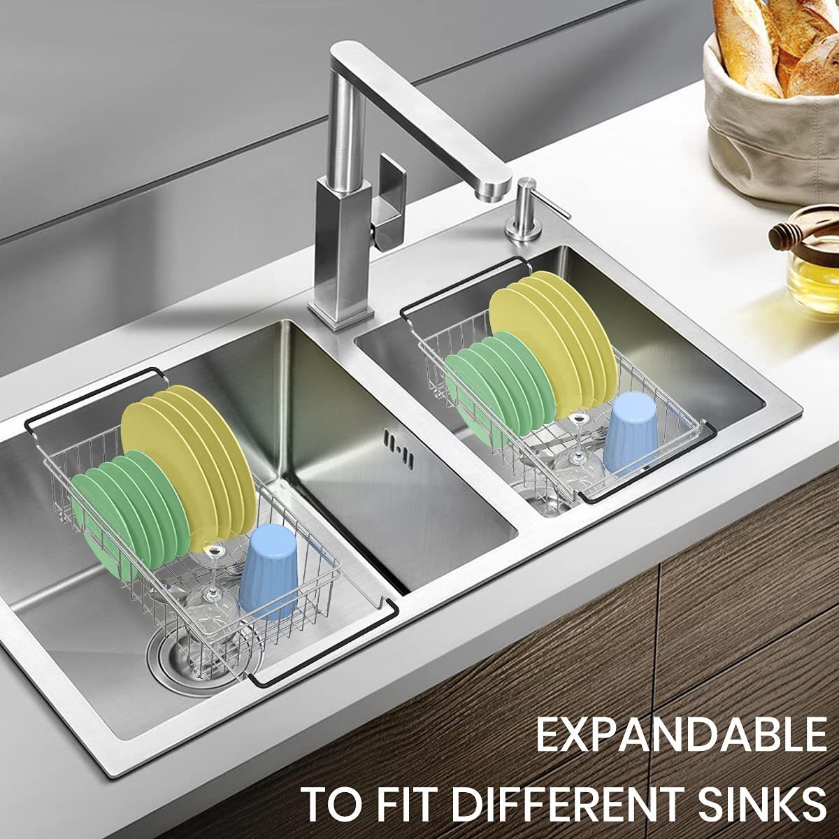 Kitchen Adjustable Rustproof Small Dish Drainer Stainless Steel Over The Sink Expandable Dish Drying Rack