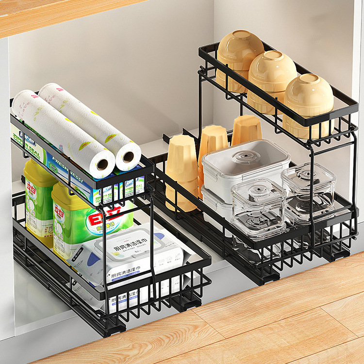 Kitchen Organizer Sink Shelf 2-Tier Stackable Under Sink Cabinet Organizer With Sliding Track Storage Drawer