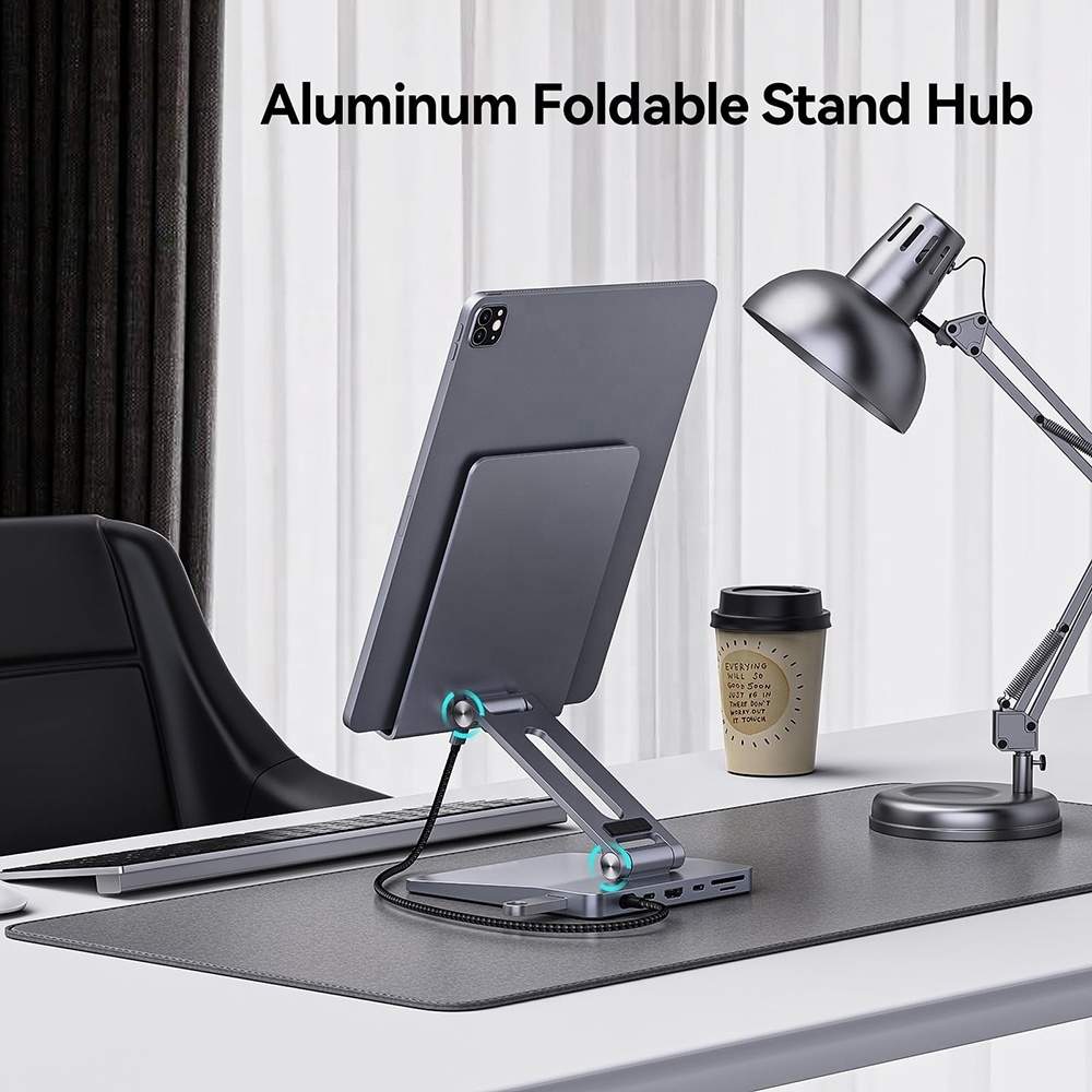 Aluminum Foldable Tablet Stand Fast Charging 7 in 1 Dock 6 Ports USB Type Dual USB C Hub Stand Docking Station for iPad Air Pro