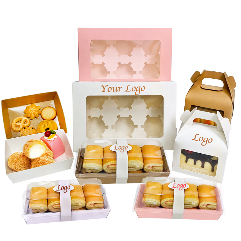 Custom size logo printing white bakery cake pastries boxes packing kraft paper pastry box packaging with clear window