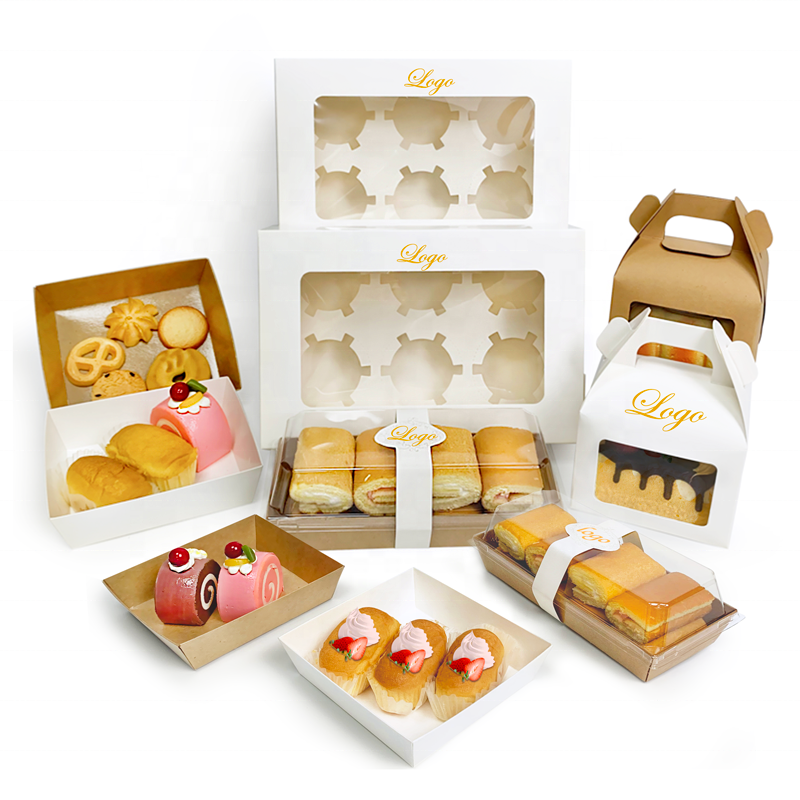 Custom size logo printing white bakery cake pastries boxes packing kraft paper pastry box packaging with clear window