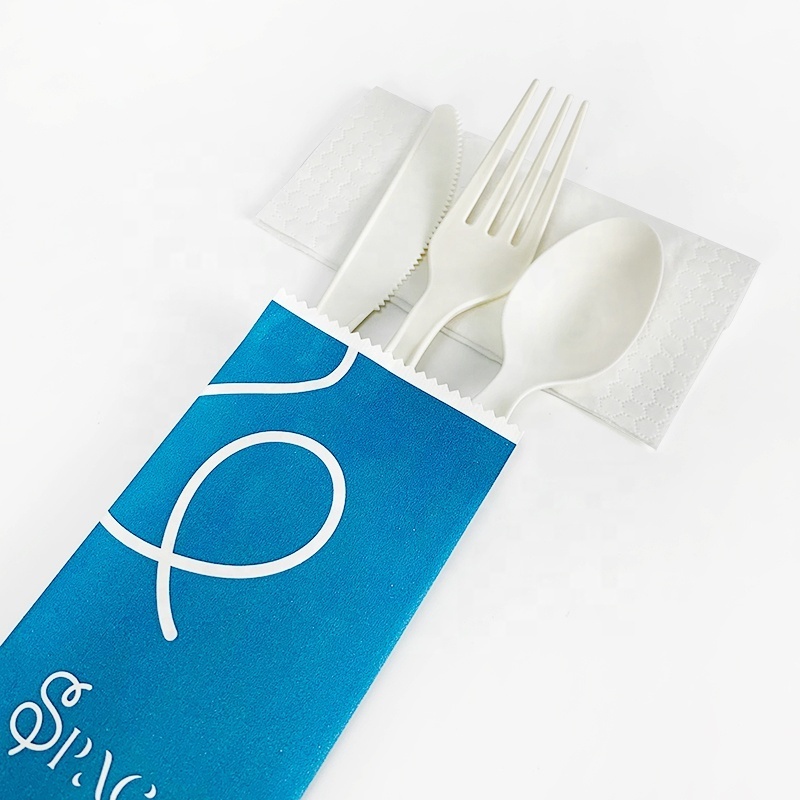 Customize Logo Design Printing PLA Paper Individual Wrapped Biodegradable Compostable Disposable CPLA Cutlery Knife Spoon Fork