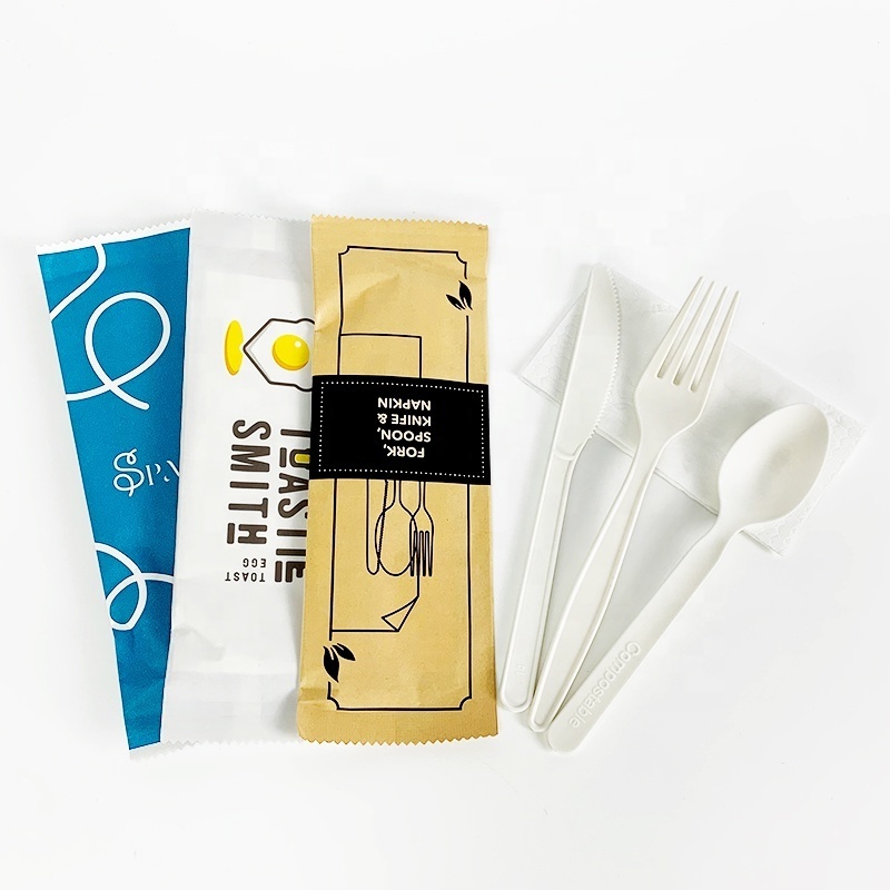 Customize Logo Design Printing PLA Paper Individual Wrapped Biodegradable Compostable Disposable CPLA Cutlery Knife Spoon Fork